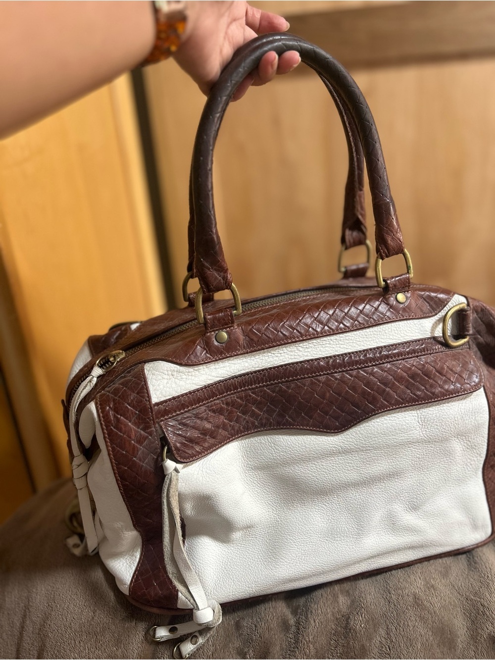 Rebecca Minkoff Brown and White Leather Messenger Satchel